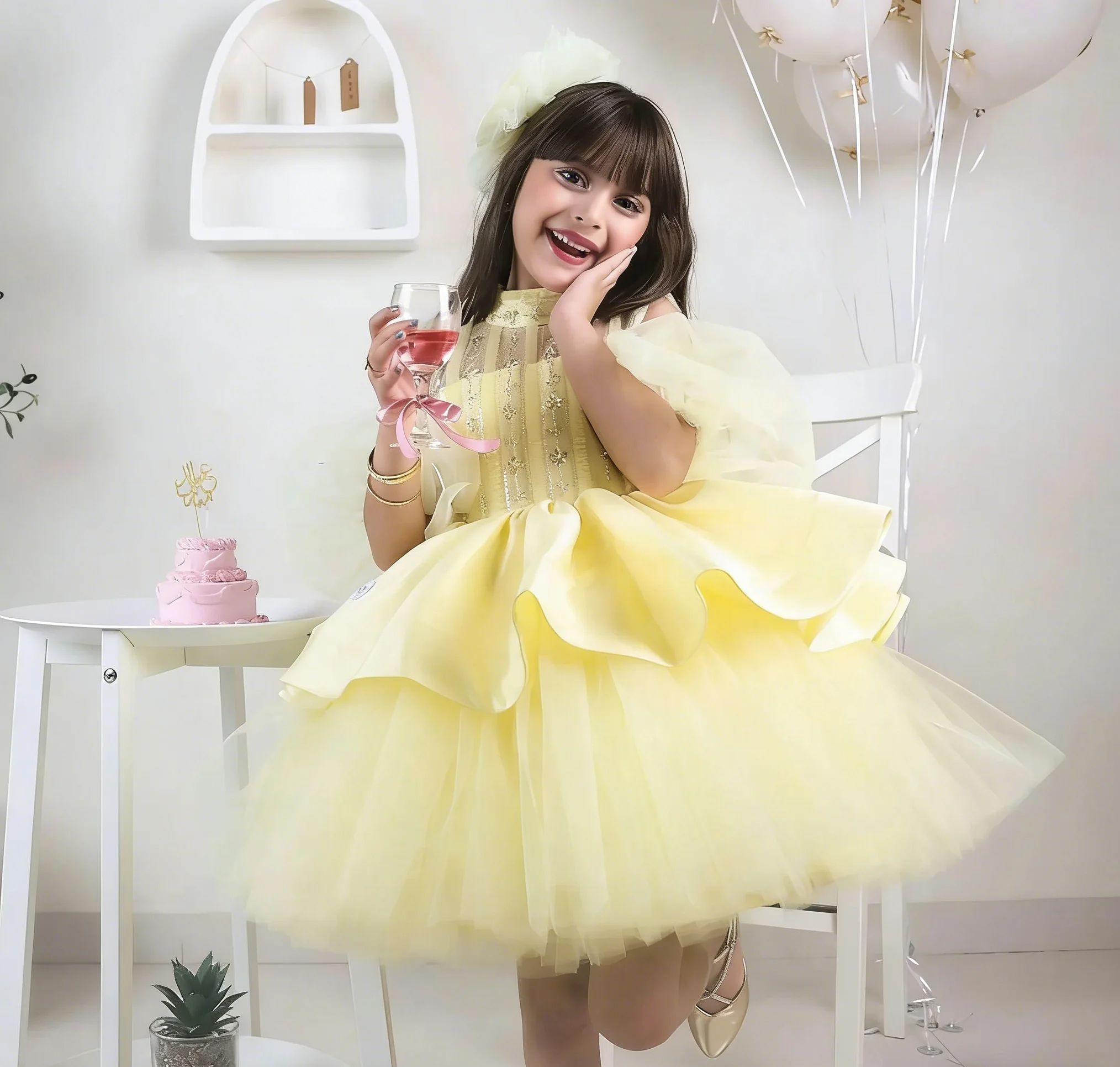 Embroidery Yellow Dress - 결혼식을위한 노란색 꽃 소녀 드레스 스팽글