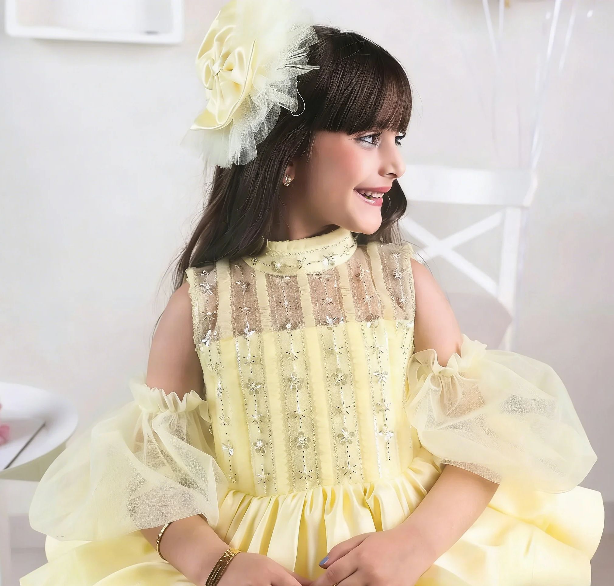 결혼식을위한 노란색 꽃 소녀 드레스 스팽글 오프 숄더  - Embroidery Yellow Dress 리뷰 및 가격